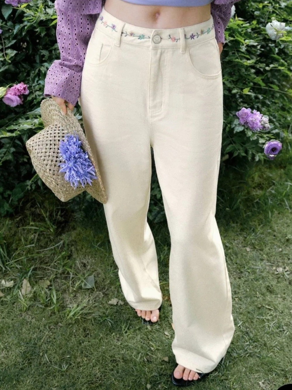 Cream Wide Leg Pants with Embroidered Floral Waist Design